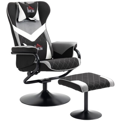 Relaxsessel, Gamingsessel, mit Hocker, neigbare Rücklehne, drehbarer Sitz, Schwarz+Grau,