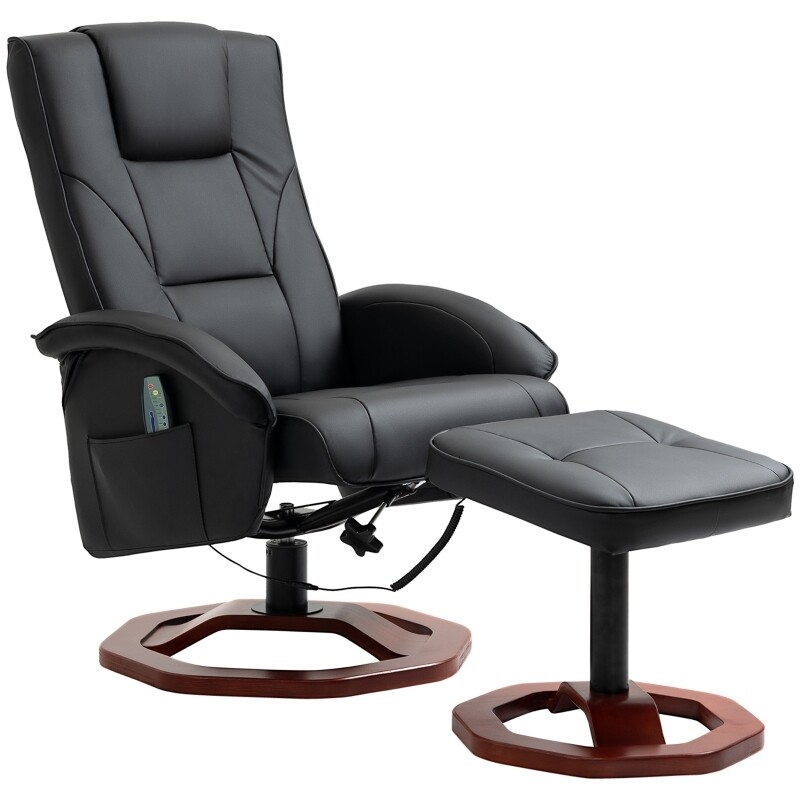 Massagesessel mit Hocker – Schwarz | 10 Punkte, 110–135° Liege, drehbar, 150 kg