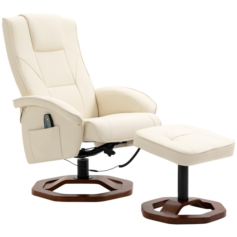 Massagesessel, mit Fusshocker, 10 Massagepunkte, Liegefunktion, drehbarer Sitz, cremeweiss,