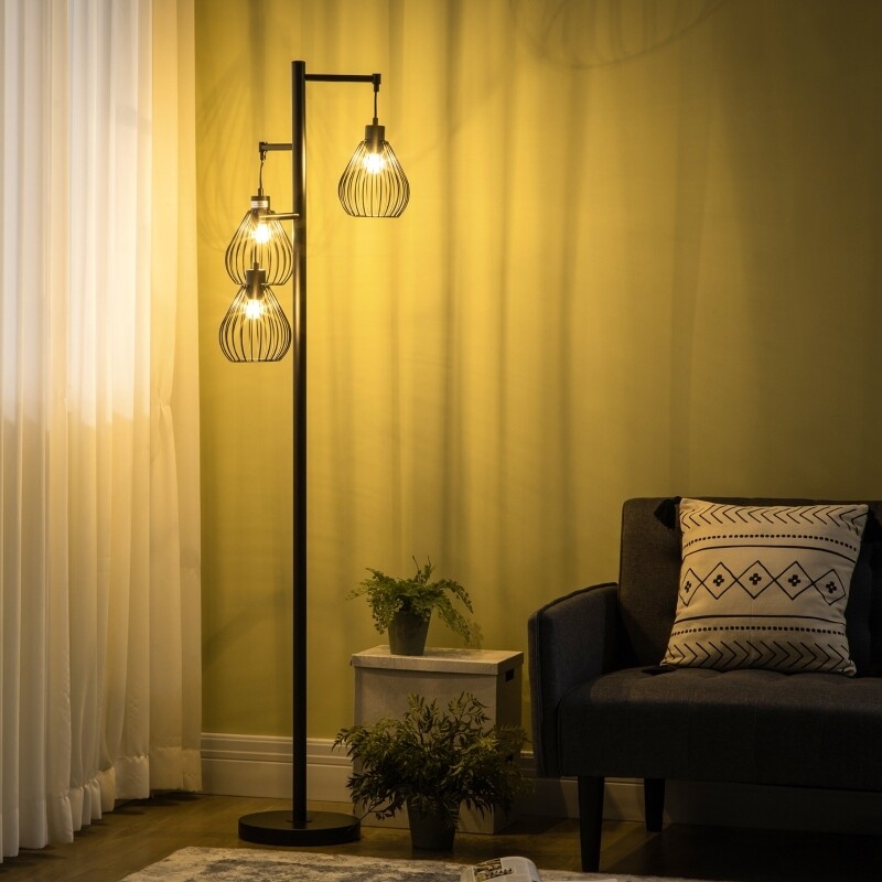 Stehleuchte, Stehlampe, 3 flammig, Gitter-Schirm, Fussschalter, Metall, schwarz,
