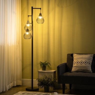 Stehleuchte, Stehlampe, 3 flammig, Gitter-Schirm, Fussschalter, Metall, schwarz,