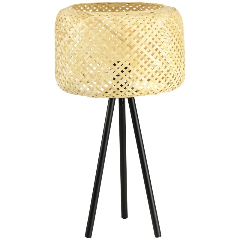 Tischleuchte im Boho-Stil, Lampenschirm aus Rattan, Stativ, Natur + Schwarz