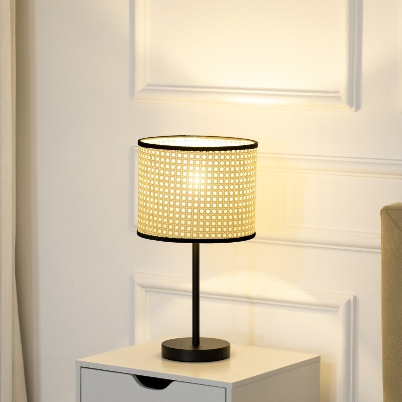 Tischleuchte im Vintage-Design, Lampenschirm aus Rattan, Natur + Schwarz