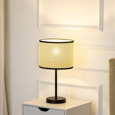 Tischleuchte im Vintage-Design, Lampenschirm aus Rattan, Natur + Schwarz