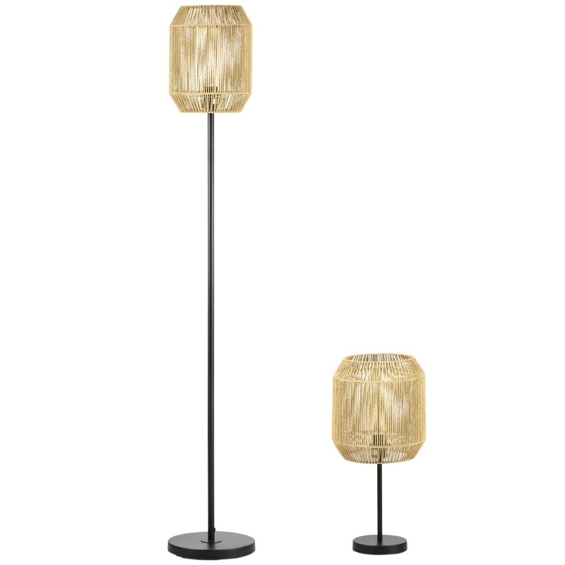 2-teiliges Leuchten-Set. 1 Stehleuchte, 1 Tischleuchte, Natur + Schwarz