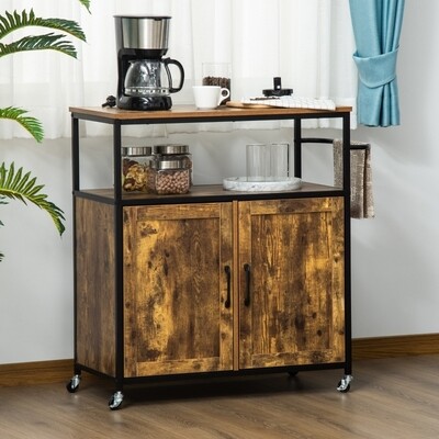 Küchenwagen 1 Industrie Design 1 Regal 1 Schrank 4 Rollen 90 cm x 40 cm x 90 cm Schwarz + Braun