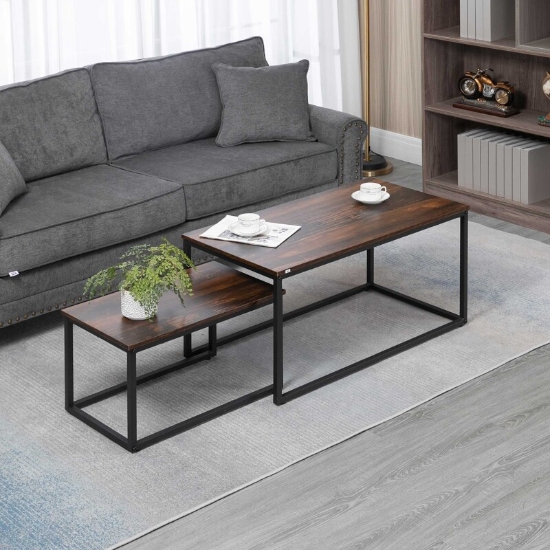 2er-Set Couchtische im Industriedesign, stapelbar, Schwarz + Braun