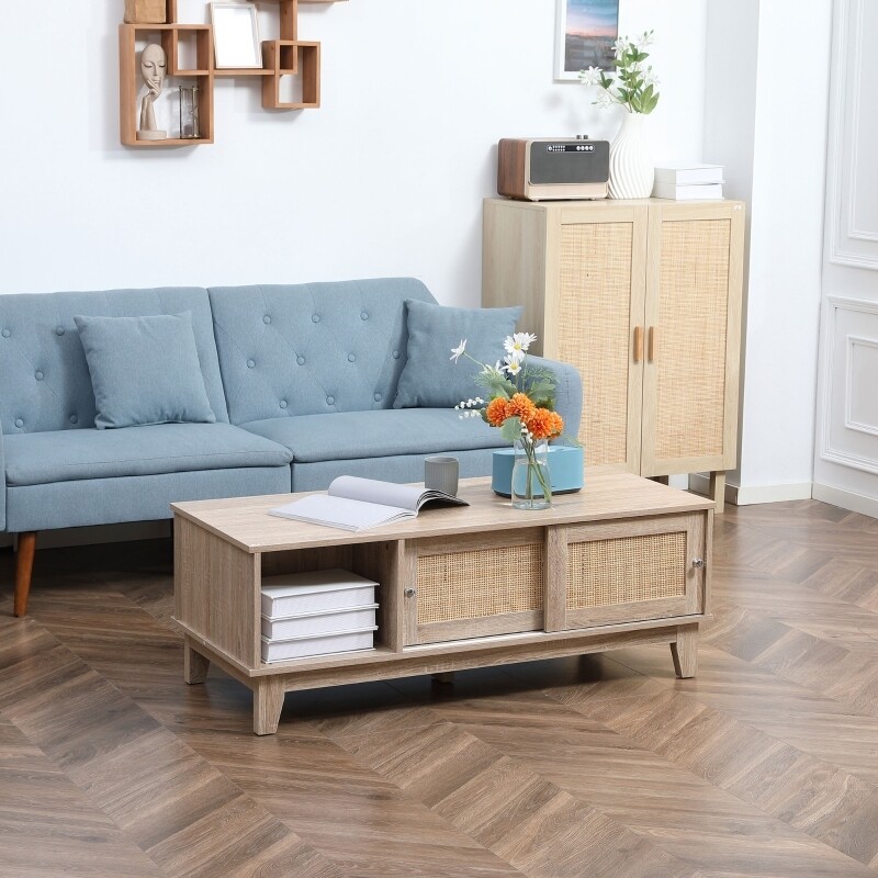 Couchtisch in Wienergeflecht-Optik mit offenen Schrankfächern und Schiebetüren Natur