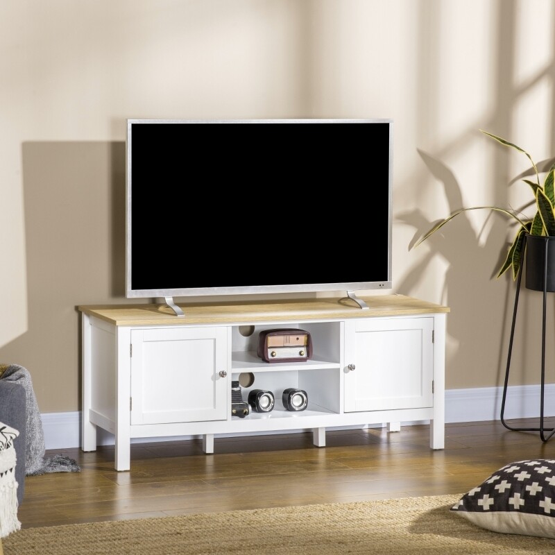 TV-Bank, TV-Kommode, zwei Schrankfächer mit Türen, 2 offene Fächer, weiss+natur,