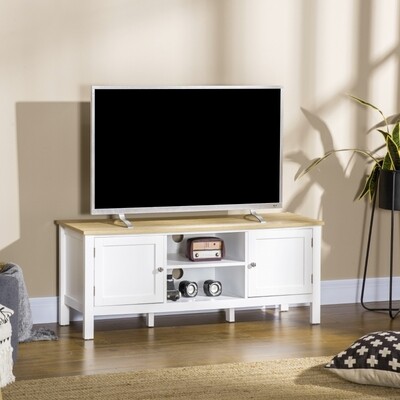 TV-Bank, TV-Kommode, zwei Schrankfächer mit Türen, 2 offene Fächer, weiss+natur,