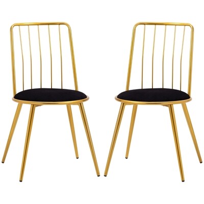 Esszimmerstuhl, 2er-Set, Sitzbezug in Samtoptik, elegantes Vintage-Design, Schwarz + Gold,