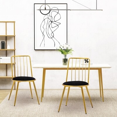 Esszimmerstuhl, 2er-Set, Sitzbezug in Samtoptik, elegantes Vintage-Design, Schwarz + Gold,