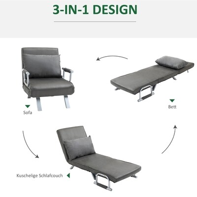 Schlafsofa mit Armlehne 3-in-1 Schlafsessel Gästebett Klappmatratze Klappbett Chaiselongue Multifunktion Kunstleder Grau