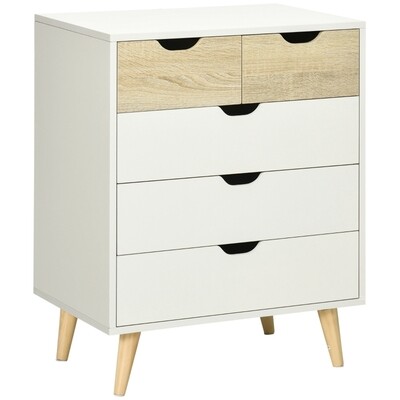 Kommode, Schrank, 5 Schubladen, Kippschutz, modernes Design, Kiefernholz, weiss+hellbraun,
