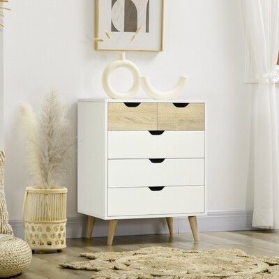 Kommode, Schrank, 5 Schubladen, Kippschutz, modernes Design, Kiefernholz, weiss+hellbraun,