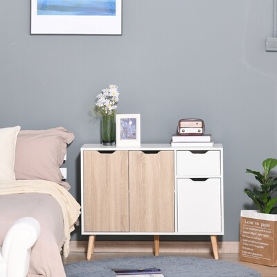 Sideboard Nachttisch Kommode mit Schubladen Weiss+Natur 90 cm x 30 cm x 72 cm