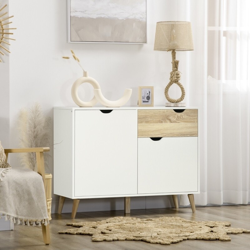 Schrank, Kommode, Sideboard, 1 Schublade, 2 Schrankfächer mit Einlegeboden, Weiss+Natur