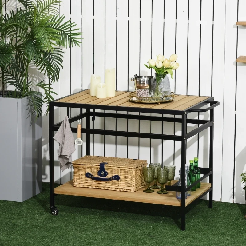 Outdoor-Servierwagen im Industrie-Design, wetterbeständig, Schwarz +Natur
