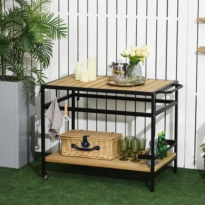 Outdoor-Servierwagen im Industrie-Design, wetterbeständig, Schwarz +Natur