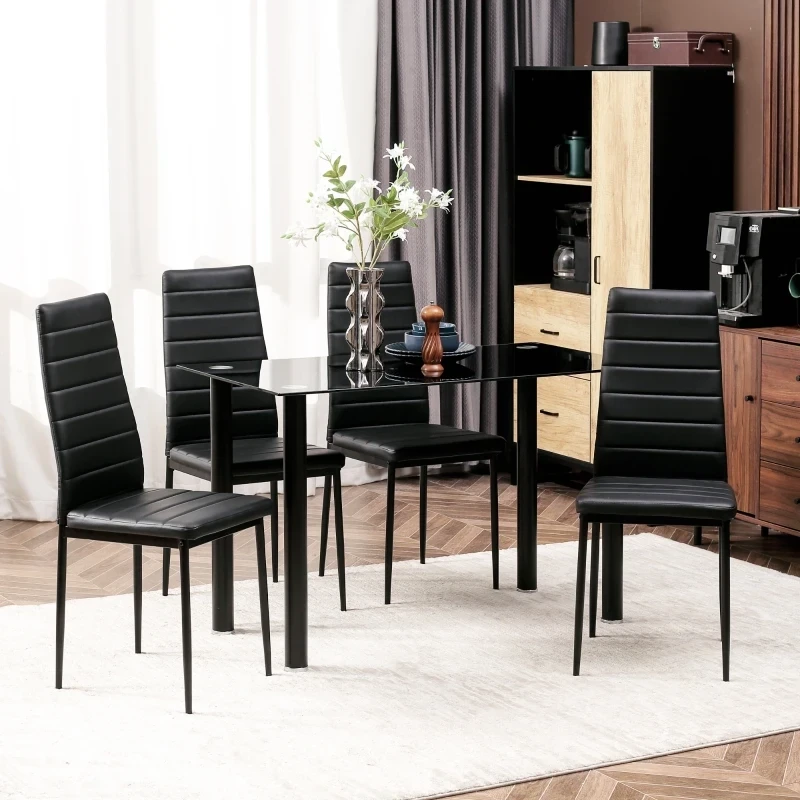 5-tlg. Essgruppe, Tisch+4 Stühle, Hartglasplatte, Stahlrahmen, Kunstlederbezug, schwarz