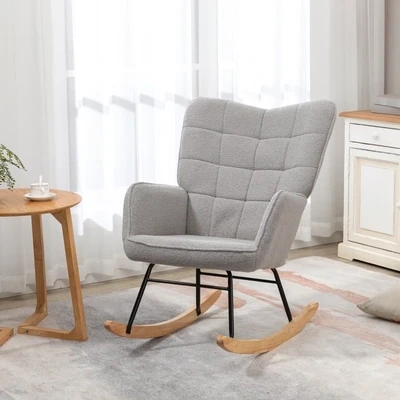 Schaukelstuhl im Retro‑Design, Hellgrau – Massivholz, 71L x 92B x 101H cm, 120 kg