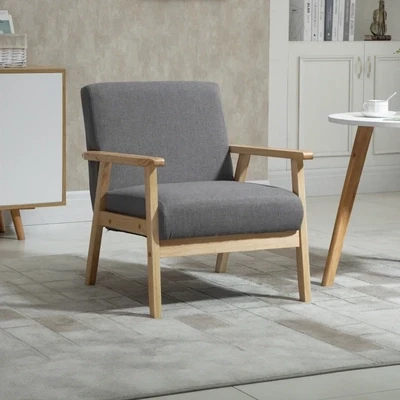 Sessel im Skandi-Design, Akzentsessel, Massivholz, Leinenoptik, Grau + Natur