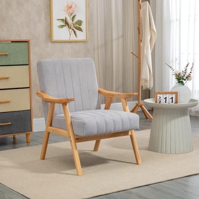 Sessel im Skandi-Design, Samtoptik, Massivholz, Natur + Grau