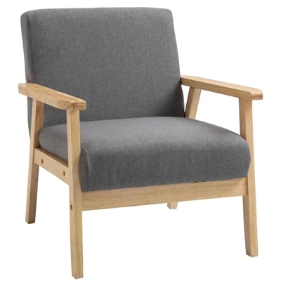 Sessel im Skandi-Design, Akzentsessel, Massivholz, Leinenoptik, Grau + Natur