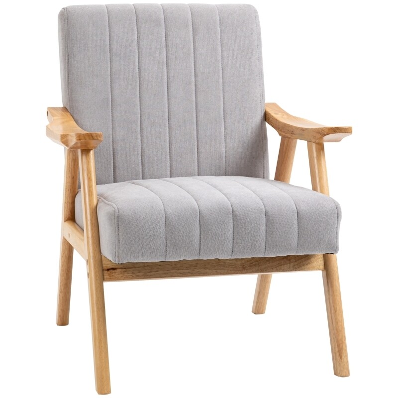Sessel im Skandi-Design, Samtoptik, Massivholz, Natur + Grau