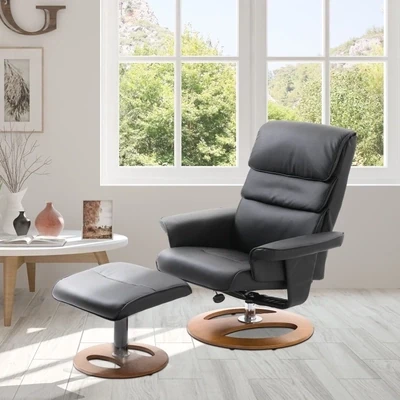 Relaxsessel mit Hocker Fernsehsessel 360° drehbar 120° neigbar PU-Bezug Holzfuss Schwarz