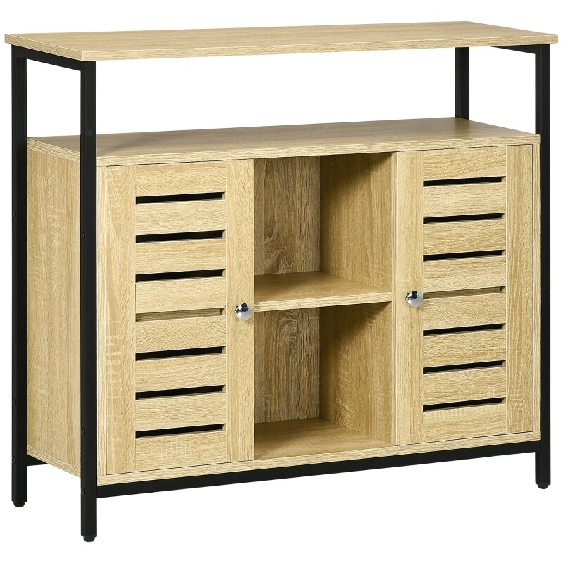 Kommode im Industrie-Design, Sideboard, Küchenschrank, 2 Regale, 2 Schränke, Schwarz + Natur