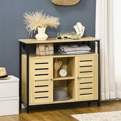 Kommode im Industrie-Design, Sideboard, Küchenschrank, 2 Regale, 2 Schränke, Schwarz + Natur