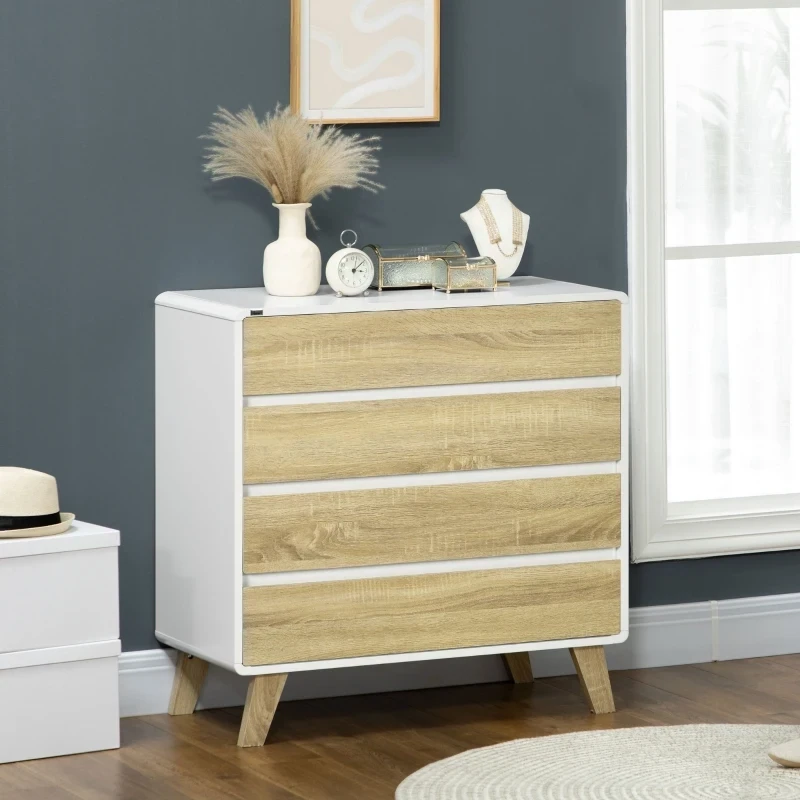 Kommode mit 4 Schubladen, MDF, Kantengriffe,  Weiss + Natur