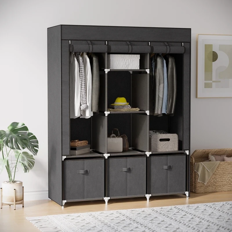Stoffschrank aus Vlies, Faltschrank, inkl. 3 Schubladen, Grau