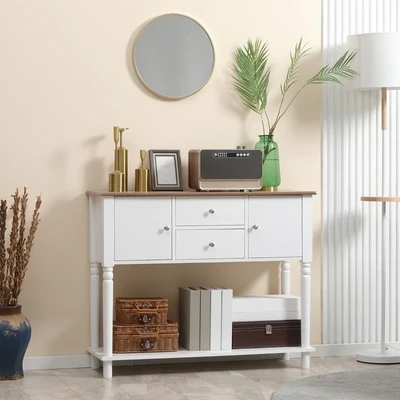 Sideboard, Buffetschrank, 2 Schrankfächer, 2 Schubladen, Tischplatte mit Holzmaserung, weiss