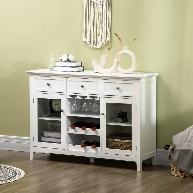 Sideboard, Buffetschrank, 3 Schubladen, 2 Schrankfächer, Glastüren, Weinregal, weiss