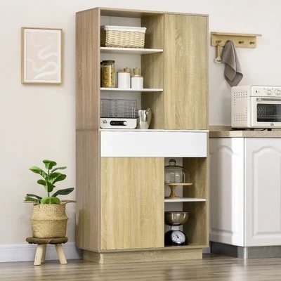 Küchenschrank, Buffetschrank, 3 versetzbare Einlegeböden, Schublade, Weiss+Holz