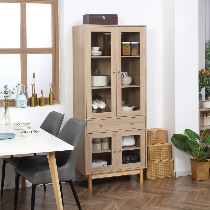 Küchenschrank Vitrinenschrank, 5 Staufächer, Schublade, Glastür, Kippschutz, Holz, Eiche