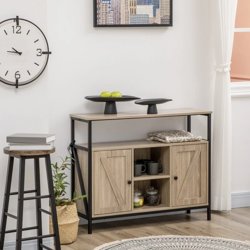 Sideboard im Industriedesign, 2 Schränke, 2 Regale. 1 Ablagefach, Natur + Schwarz