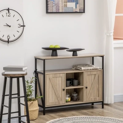 Sideboard im Industriedesign, 2 Schränke, 2 Regale. 1 Ablagefach, Natur + Schwarz