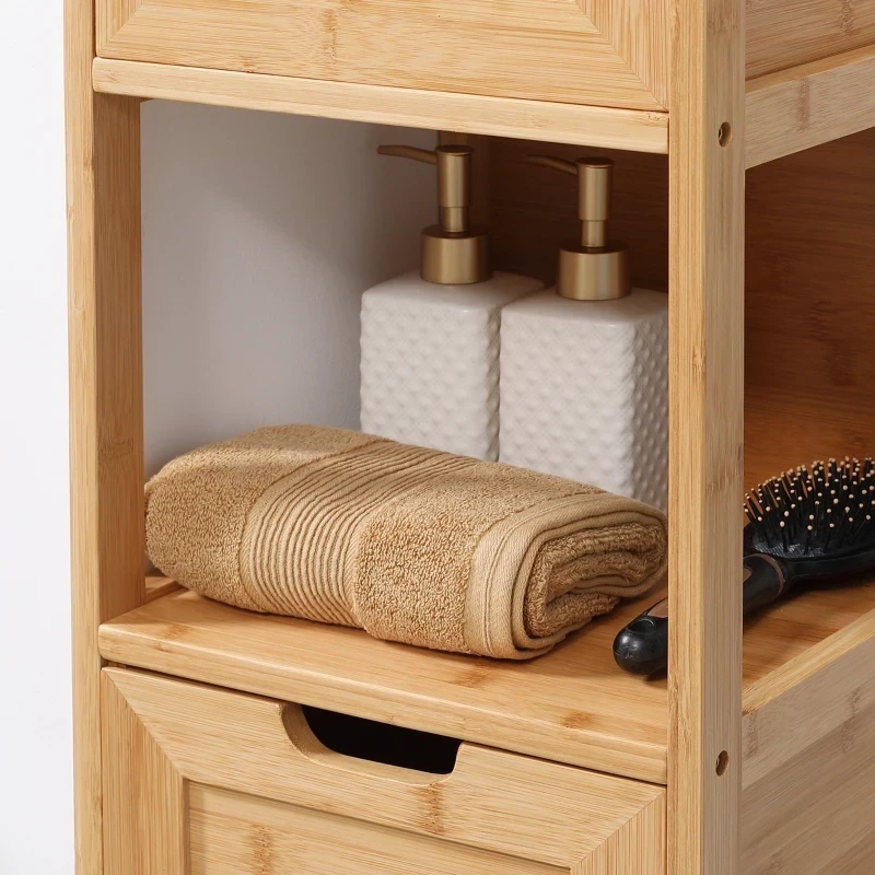 Badezimmerschrank aus Bambus, 1 Regal, 2 Schubladen, Natur