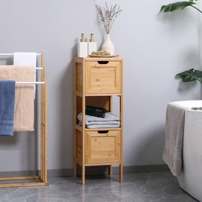 Badezimmerschrank aus Bambus, 1 Regal, 2 Schubladen, Natur