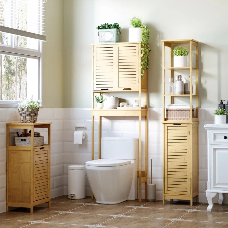 Badschrank, Hochschrank, drei Regalböden, ein Schrankfach mit Lamellentür, Kippschutz, Bambus,