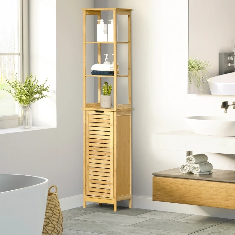 Badschrank, Hochschrank, drei Regalböden, ein Schrankfach mit Lamellentür, Kippschutz, Bambus,