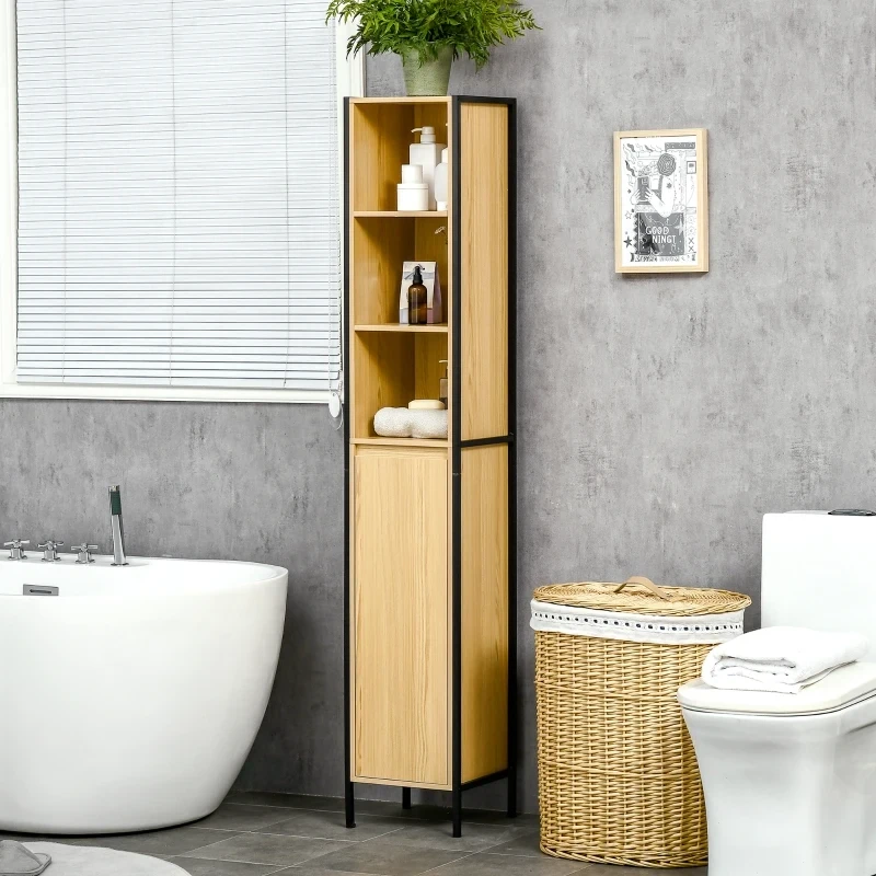 Badezimmerschrank im Industriedesign, 1 Schrank, 3 Regale, Schwarz + Braun