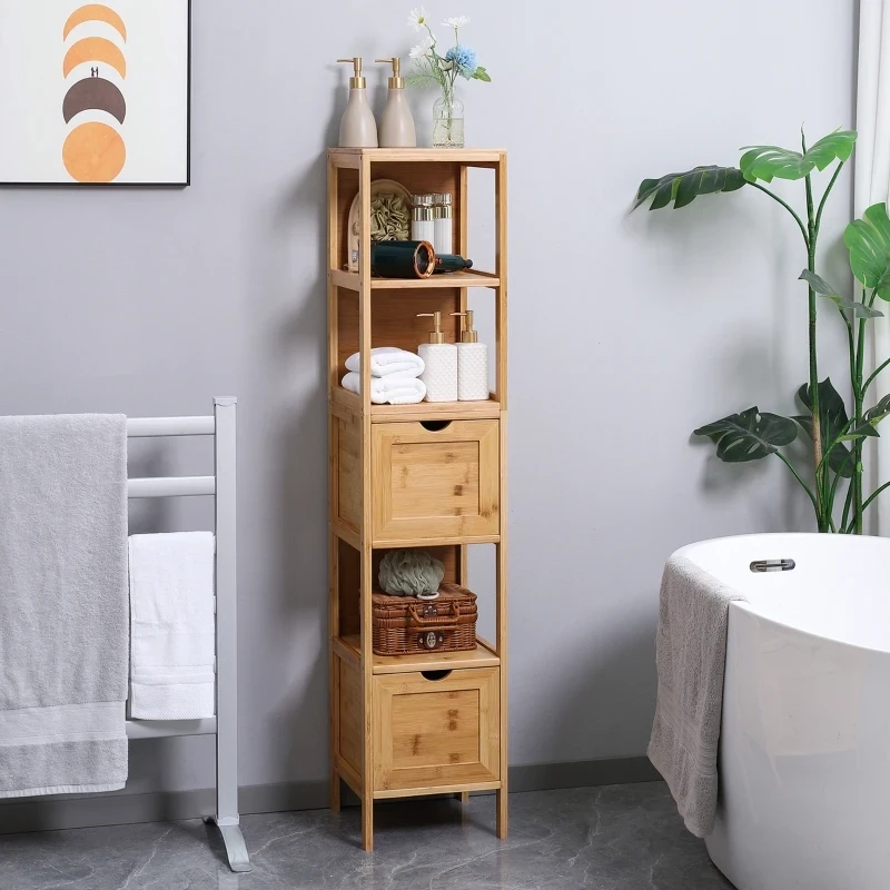 Badezimmerschrank, 3 Regale, 2 Schubladen, Bambus,  Natur