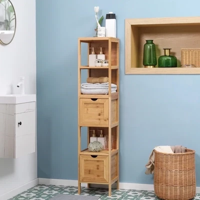 Badezimmerschrank, 3 Regale, 2 Schubladen, Bambus,  Natur