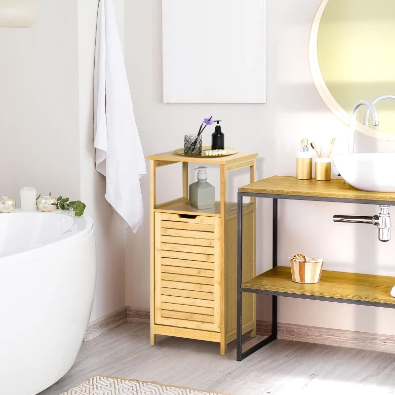 2-in-1 Badschrank und Wäschekorb, 1 Regal, Korb aus Vlies, Bambus Natur