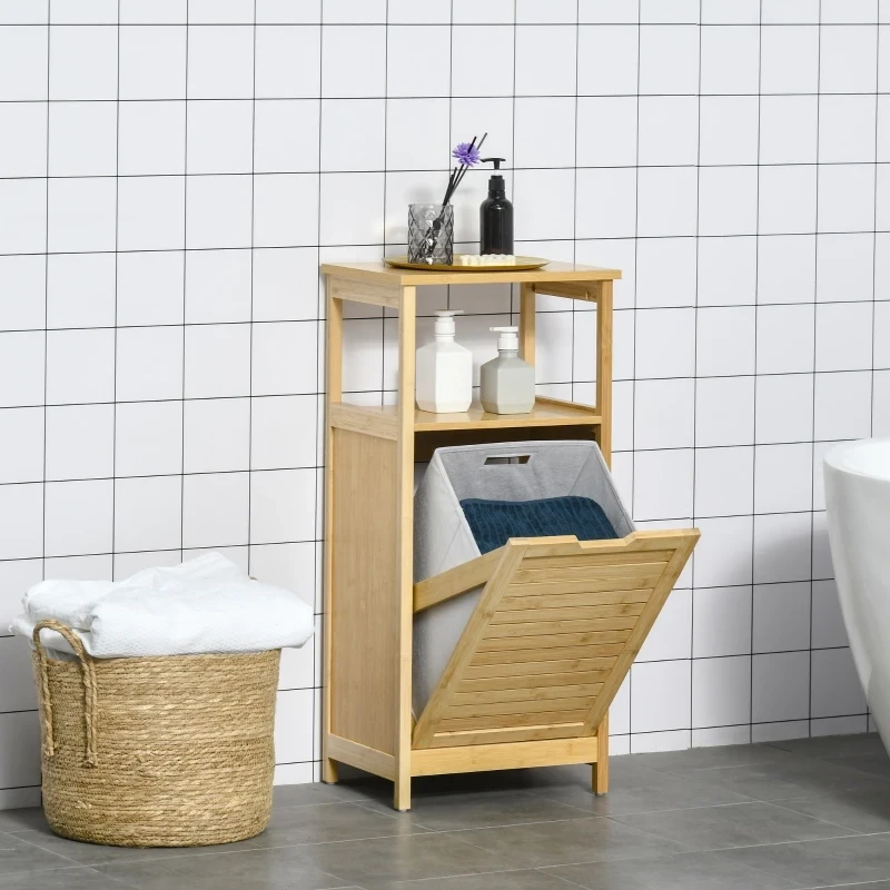 2-in-1 Badschrank und Wäschekorb, 1 Regal, Korb aus Vlies, Bambus Natur