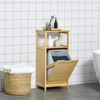 2-in-1 Badschrank und Wäschekorb, 1 Regal, Korb aus Vlies, Bambus Natur